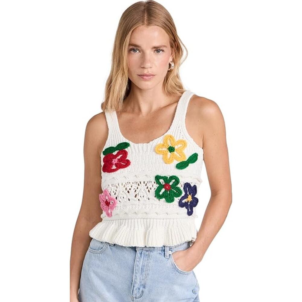 Blank NYC Floral Crochet Crop Tank White Ruffle Hem XS NWT